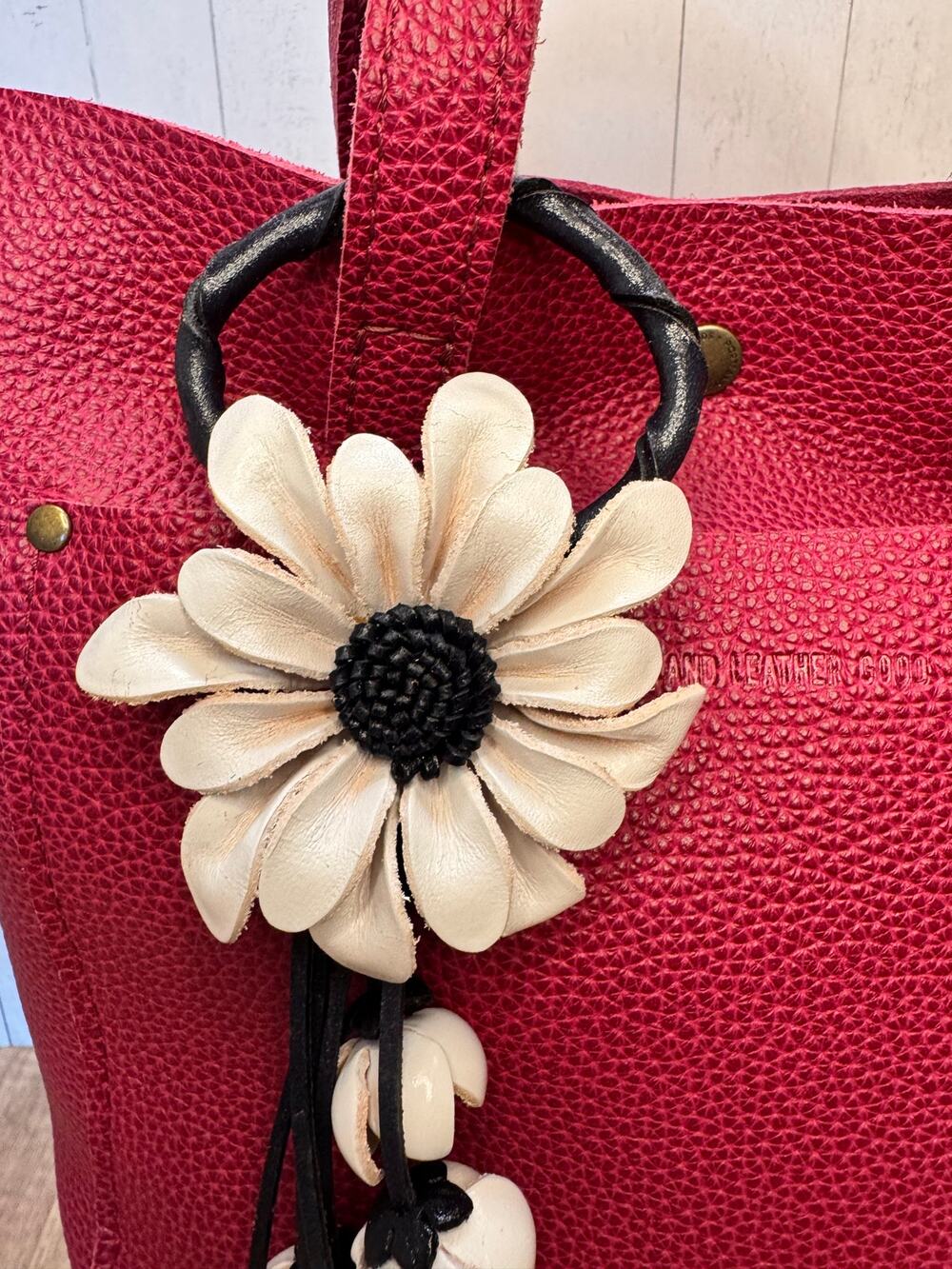 Leather White Daisy Purse Charm Genuine Leather White Dahlia Flower Bag Charm